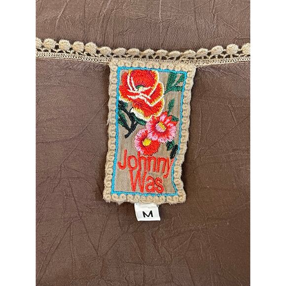 Johnny Was Brown Tunic Topic asymmetrical crocheted v-neck hem sz MBoho Festival - Picture 3 of 4